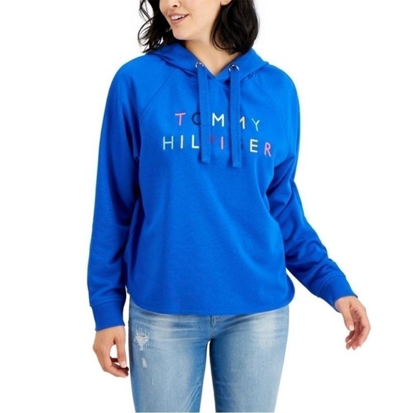 Tommy Hilfiger Women's Embroidered Raglan Hoodie Sweatshirt M Navy Blue - Picture 8 of 9